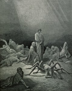 Virgile (70-19 av. J.-C.) et Dante regardant la femme araignée, illustration de 