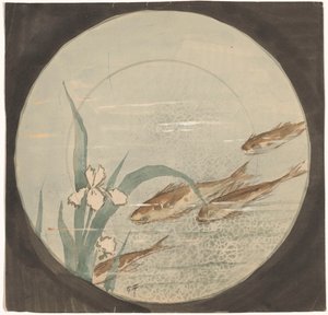 Projet pour une assiette avec quatre poissons bruns nageant vers le bas près d