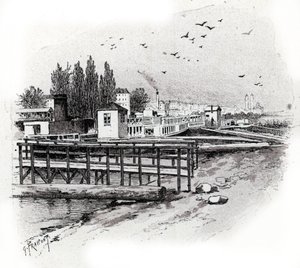 Atelier de réparation des bateaux omnibus (Bateau-bus) à Paris. Dessin de Gustave Fraipont (1849-1923) tiré de « La Seine à travers Paris » par Saint-Juirs