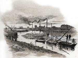 Ivry sur Seine, trains de bois. Dessin de Gustave Fraipont (1849-1923) tiré de « La Seine à travers Paris » par Saint-Juirs - Gustave Fraipont