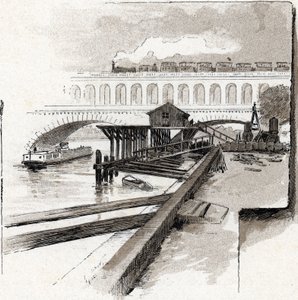 Le viaduc du Point du Jour, Boulogne-Billancourt. Dessin de Gustave Fraipont (1849-1923) d