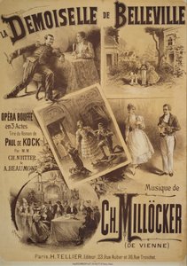 Affiche pour La Demoiselle de Belleville, opéra-comique, livret de Charles Nuitter et Alexandre Beaumont, musique de Karl Millocker, Dessin de Gustave Fraipont, Éditions Tellier, Paris - Gustave Fraipont