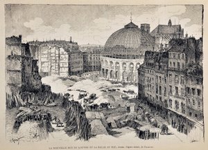 La nouvelle Rue du Louvre et la Halle au Blé à Paris en 1887. Illustration de Gustave Fraipont (1849 - 1923). Gravure de 1887 dans "Paris-Illustré". - Gustave Fraipont