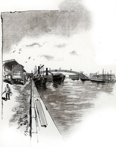 Vue de la passerelle du Canal de la Villette, Paris. Dessin de Gustave Fraipont (1849-1923) tiré de « La Seine à travers Paris » par Saint-Juirs - Gustave Fraipont