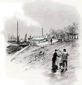 Vue des berges de la Seine et du quai Saint-Bernard, Paris. Dessin de Gustave Fraipont (1849-1923) d