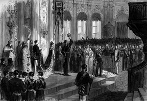 Le tsar russe Alexandre III (1845-1894) posant la couronne sur sa tête lors de la cérémonie d