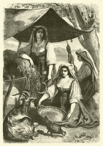 Femmes vendant du foin aux charretiers au bord de la route, Italie - Gustave Janet