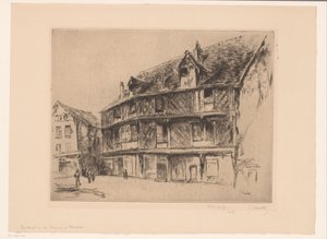 Rue avec maisons et promeneurs à Chartres (La maison du saumon)