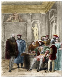 Léonard de Vinci à la cour du roi de France François Ier. Gravure du 19e siècle par Gustave Greux. Collection privée
