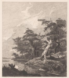 Paysage fluvial avec berger se reposant près d