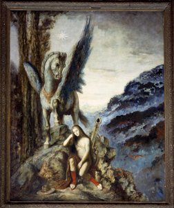 Le poète voyageur. Un voyageur méditatif et pensif près du cheval ailé Pégase. Peinture de Gustave Moreau