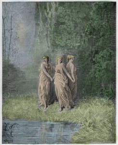 Purgatoire, Chant 29 : Charité, Espoir et Foi, illustration de La Divine Comédie de Dante Alighieri, 1885 (gravure colorée numériquement) - Gustave after Dore