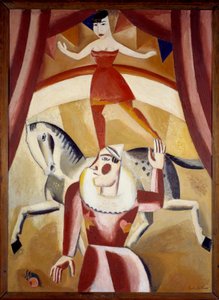 Cirque III Une écuyère en équilibre sur un cheval et un clown sur une piste de cirque donnant un spectacle - Gustave de Smet