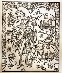 Calendrier des bergers - Les travaux des mois - Avril - Gravure sur bois du livre de 1496 imprimé par Guy Marchant (Guido Mercator) à Troyes - Gravure sur bois dans 