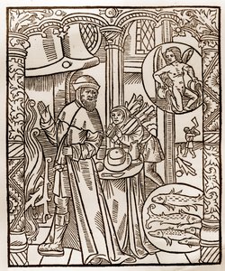 Calendrier du berger - Les Travaux des Mois - Février - Gravure sur bois du livre de 1496 imprimé par Guy Marchant (Guido Mercator) à Troyes - Gravure sur bois dans « Le grand Calendrier et compost des bergers » - Guy Marchant