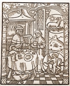 Calendrier des bergers - Les travaux des mois - Janvier - Gravure sur bois du livre de 1496 imprimé par Guy Marchant à Troyes - Gravure sur bois dans 