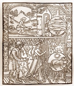 Calendrier du berger - Les Travaux des Mois - Mars - Gravure sur bois du livre de 1496 imprimé par Guy Marchant (Guido Mercator) à Troyes - Gravure sur bois dans "Le grand Calendrier et compost des bergers". - Guy Marchant