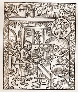 Calendrier du berger - Les Travaux des Mois - Novembre - Gravure sur bois du livre de 1496 imprimé par Guy Marchant (Guido Mercator) à Troyes - Gravure sur bois dans "Le grand Calendrier et compost des bergers" - Four à pain. - Guy Marchant