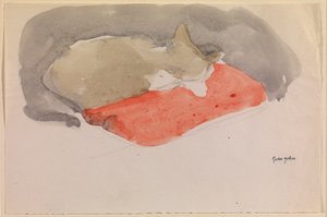 Chat dormant sur un coussin rouge - Gwen John