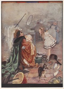 Une scène de cuisine chaotique avec la Duchesse portant un cochon habillé en bébé parlant à Alice tandis que le Cuisinier jette des ustensiles. - Gwynedd M. Hudson