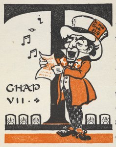 Lettre illuminée T avec le Chapelier Fou chantant une chanson