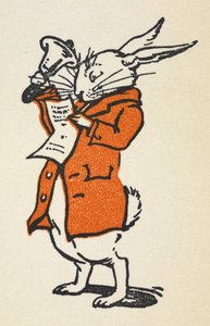 Illustration du Lapin Blanc en veste rouge sonnant une grande cloche et lisant