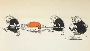 Illustration de deux hérissons portant un joueur de croquet blessé suivi par un autre hérisson pleurant. - Gwynedd M. Hudson