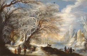 Patineurs sur un canal ou paysage d