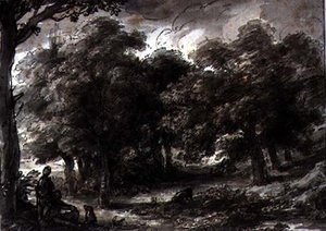 Paysage boisé, avec des personnages