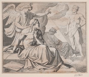 Feuille allégorique. Un ange pose la main sur l