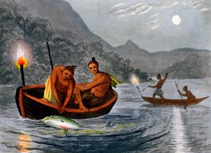 Amérindiens pêchant à la torche en Amérique du Nord, 1813
