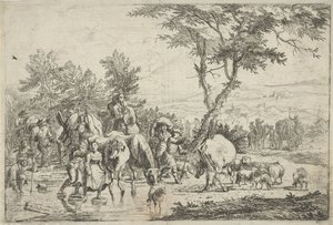 Paysans traversant un ruisseau avec leur troupeau - H. Pielmans