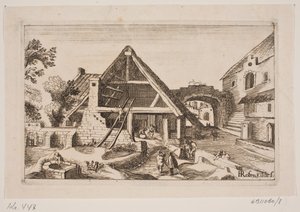 Intérieur de ville avec grange et naissance de Jésus - H. Rosenkilde