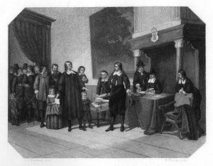 Réception des protestants français à Amsterdam, fin du XVIIe siècle, c1870