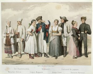 Costumes de paysans de (L à R) Roumanie, Hongrie, Slovaquie et Allemagne, de 