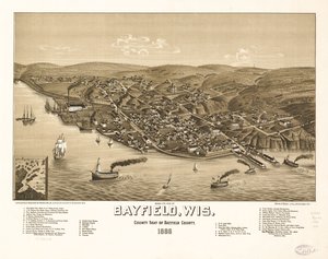 Vue aérienne de Bayfield, Wisconsin, siège du comté de Bayfield, 1886. LOC 75696703 - H. Wellge