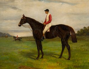 Zealot, un cheval de course bai avec jockey - H. Whittaker Reville