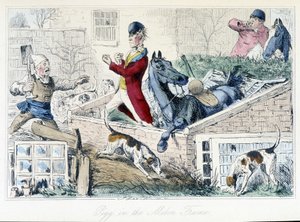 Combat entre un fermier et un chasseur. Caricature anglaise sur la chasse au renard des "aventures de Thomas Scott ou Hawbuck Grange", illustration par H.K. Browne et W.T. Maud
