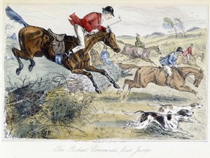 Scène de chasse, caricature anglaise sur la chasse au renard, tirée des « aventures de Thomas Scott, ou Hawbuck Grange », illustration de H.K. Browne et W.T. Maud. - Hablot Knight Browne