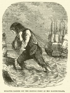 Gulliver emporte la flotte hostile des Blefuscudiens (gravure) - after Hablot Knight Browne