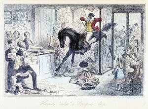 Chasseur de chevaux entrant accidentellement dans un magasin de tissus. Caricature anglaise sur la chasse tirée de « aventures de Thomas Scott ou Hawbuck Grange » illustration par H.K. Browne et W.T. Maud. - Hablot Knight Browne