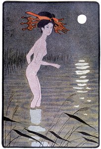 Jeune japonaise se baignant dans un étang au clair de lune - dans « Poupée japonaise » par Félicien Champsaur, ill. Hanafusa Itcho, Paris - Hanabusa Itcho