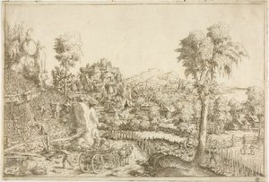Paysage avec une vigne, au milieu un chariot chargé de poteaux - Hanns Lautensack