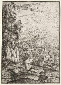 Paysage avec une route vers un château sur une île dans une rivière, 1554 - Hanns Sebald Lautensack