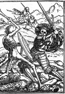 La fausse mort de Hans Holbein le Jeune (1497-1543) : le soldat. Un soldat combat la Mort ; à leurs pieds gisent les corps d