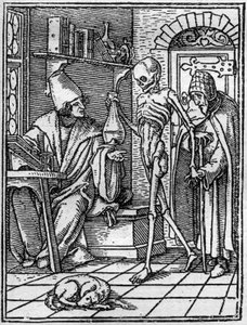 Les simulacres de la mort de Hans Holbein le Jeune (1497-1543) : le médecin. La Mort s
