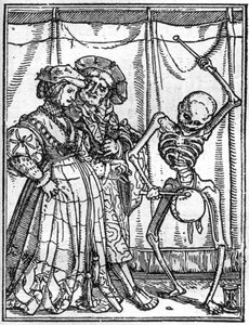 Les simulacres de la mort de Hans Holbein le Jeune (1497-1543) : les époux. La mort joue du tambour devant un couple. Gravure