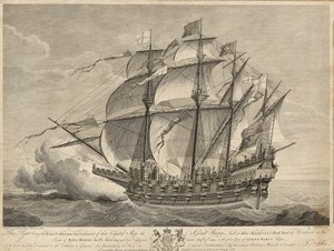 Cette gravure est la représentation exacte de ce navire capital le Great Harry construit dans le chantier naval de Sa Majesté à Woolwich sous le règne du roi Henri VIII en 1514 - Hans (after) Holbein the Younger