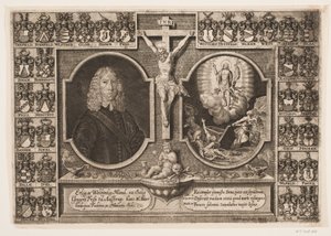Gregers Friis à Ålstrup ainsi que le Christ en croix et la résurrection du Christ. Entouré de blasons