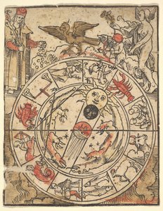 Carte des signes du zodiaque avec Vénus, Cupidon et un saint évêque